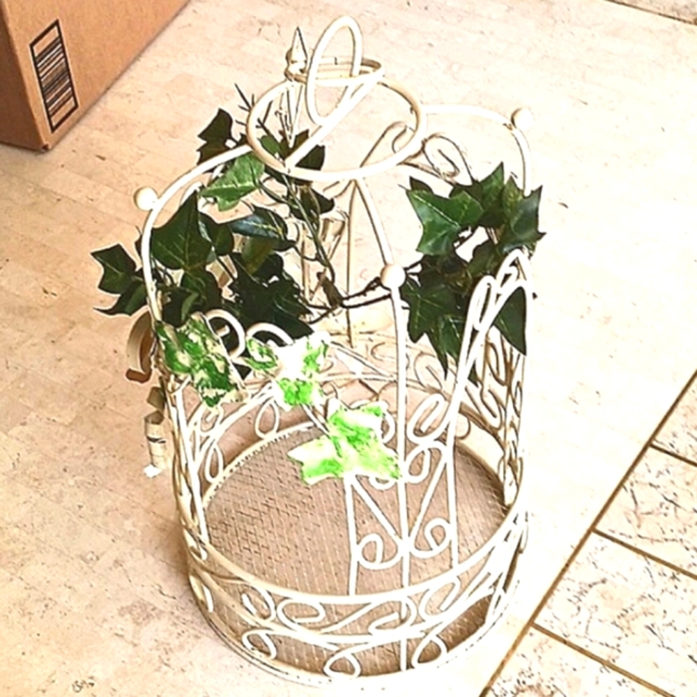 Vintage steel birdcage WHITE W/ vine detail,ALL Metal ribbon& bird CAGE